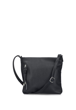 Sac bandoulière en cuir noir avec sangle réglable et poche à fermeture éclair verticale sur le devant avec tirette à pompon.