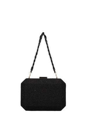 Borsa a tracolla nera con texture, forma ottagonale, tracolla nera attorcigliata e chiusura in metallo. Design semplice con dettagli minimi.