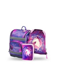 Zaino viola e rosa con spallacci regolabili, progettato con un design di unicorno. Include una borsa a tracolla coordinata e un astuccio.