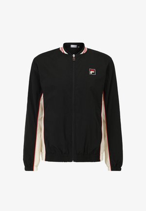 Sort zip-up jakke med hvide sidepaneler og røde striber. Har ribbet krave og manchetter. Logo patch på brystet. Letvægtsmateriale.