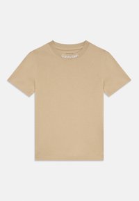 Beige cotton t-shirt with a classic crew neckline and short sleeves. Features printed logo inside the collar. Smooth texture, regular fit.