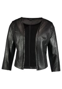 Veste pour femme en similicuir noir avec ouverture devant, manches longues et col rond.
