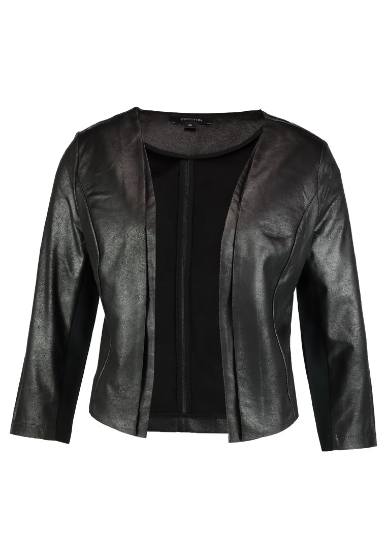 Veste pour femme en similicuir noir avec ouverture devant, manches longues et col rond.