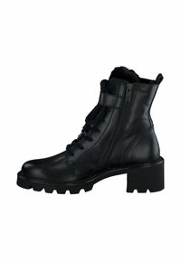 Zwarte leren enkelboot met een chunky hak, rits aan de zijkant, veters en een luxe voering. Gestructureerde zool voor grip en duurzaamheid.