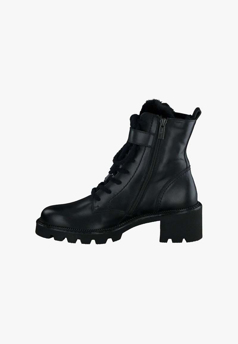 Zwarte leren enkelboot met een chunky hak, rits aan de zijkant, veters en een luxe voering. Gestructureerde zool voor grip en duurzaamheid.