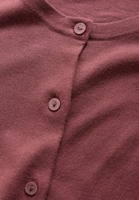 Tuva skatā sarkanbrūns adīts kardigans ar trim apaļiem pogām uz priekšējā plāksnes un smalki ribotu apkakli.