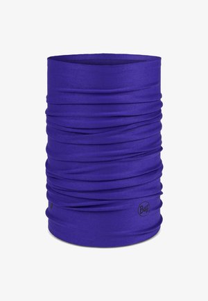 Purple multifunctional fabric tube, seamless design, lightweight, with a textured surface and a logo on the side.