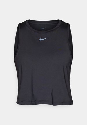 Črn brezrokavnica športni crop top iz gladkega materiala, z okroglim izrezom in svetlo modrim Nike logo na prsih.