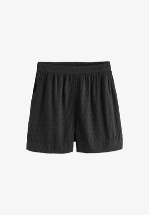 Pantalones cortos negros con una cinturilla elástica, que presentan un patrón texturizado y bolsillos laterales. La tela parece ligera y casual.