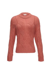 Sweter dziany w kolorze koralowym z długimi rękawami, teksturowanym wzorem, okrągłym dekoltem i ściągaczem u dołu. Materiał wydaje się miękki i gruby.