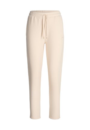 Pantaloni jogger beige con vita a coulisse, caratterizzati da una texture liscia, vestibilità slim e un marchio discreto sulla gamba sinistra.