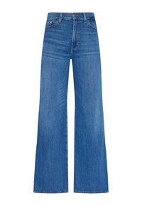 Jeans in denim blu a gamba larga con vita media, cinque tasche e un finish pulito; tessuto leggermente sbiadito e dettagli cuciti.