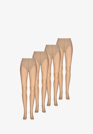 Nackte Strumpfhosen, nebeneinander präsentiert, mit glatter Textur und hohem Taillenbund sowie verstärkten Nähten, geeignet für verschiedene Outfits.