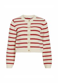 Cardigan court crème à rayures horizontales rouges, avec un tricot texturé, un col rond et des boutons en bois sur le devant.