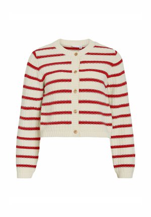 Cardigan court crème à rayures horizontales rouges, avec un tricot texturé, un col rond et des boutons en bois sur le devant.