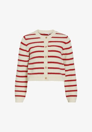 Cardigan court crème à rayures horizontales rouges, avec un tricot texturé, un col rond et des boutons en bois sur le devant.