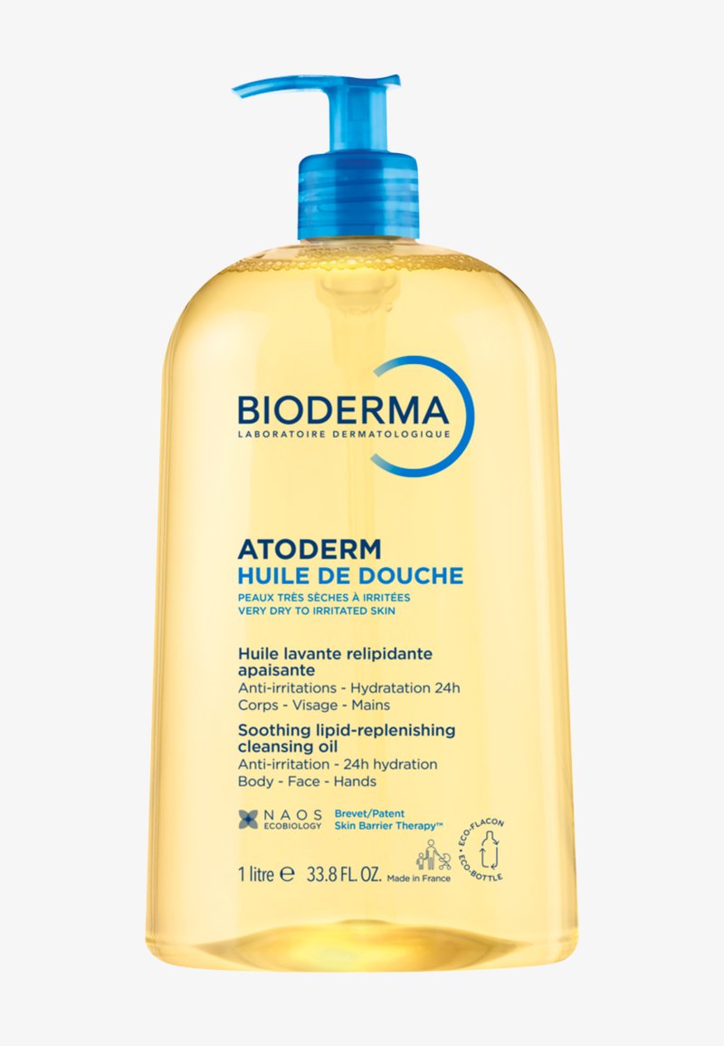 Bioderma Atoderm beruhigendes, lipid-auffüllendes Reinigungsöl mit blauer Pumpe, gelbe Flüssigkeit, für sehr trockene, gereizte Haut, 1-Liter-Flasche.