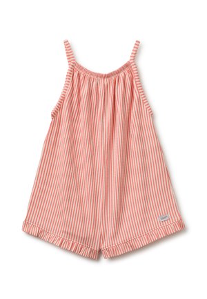 Combinaison sans manches rayée verticalement rose clair et blanche avec fines bretelles et encolure froncée, taille enfant.