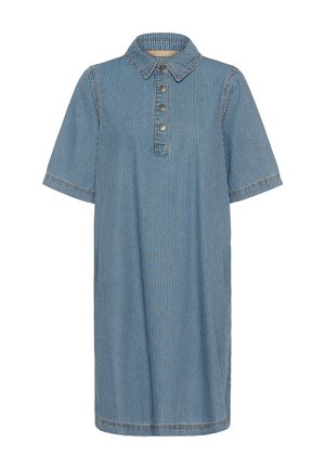 Blauw-wit gestreepte jurk met korte mouwen, een kraag en vier metalen drukknopen aan de voorkant.