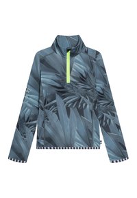 Langärmliger Pullover in Blautönen mit einem tropischen Blättermuster, ausgestattet mit einem halbseitigen Reißverschluss und gestreiftem Saum. Hergestellt aus einem glatten, leichten Material.