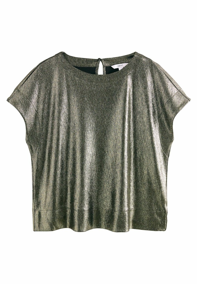 Metalen gouden short-sleeve top met een ronde halslijn en een sleufopening aan de achterkant. Gladde textuur met een subtiele glans.