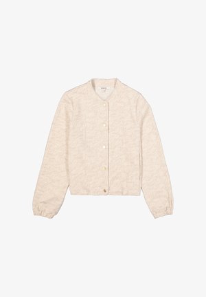 Lichtbeige jas van gestructureerde stof, met een ronde halslijn, knoopsluiting en elastische manchetten. Eenvoudig, kort ontwerp.