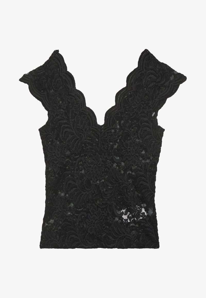 Haut sans manches en dentelle noire avec un décolleté en V festonné et des motifs floraux complexes sur tout le tissu.