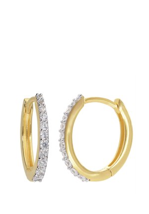 Gold hoop earrings with a row of clear round-cut gemstones set along the outer edge, featuring a hinged clasp closure.