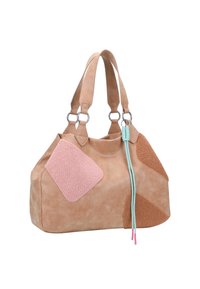 Beige handtas met roze en lichtbruine textuurpatronen, zilveren hardware en dubbele schouderbanden. Heeft decoratieve pastelkoordjes.