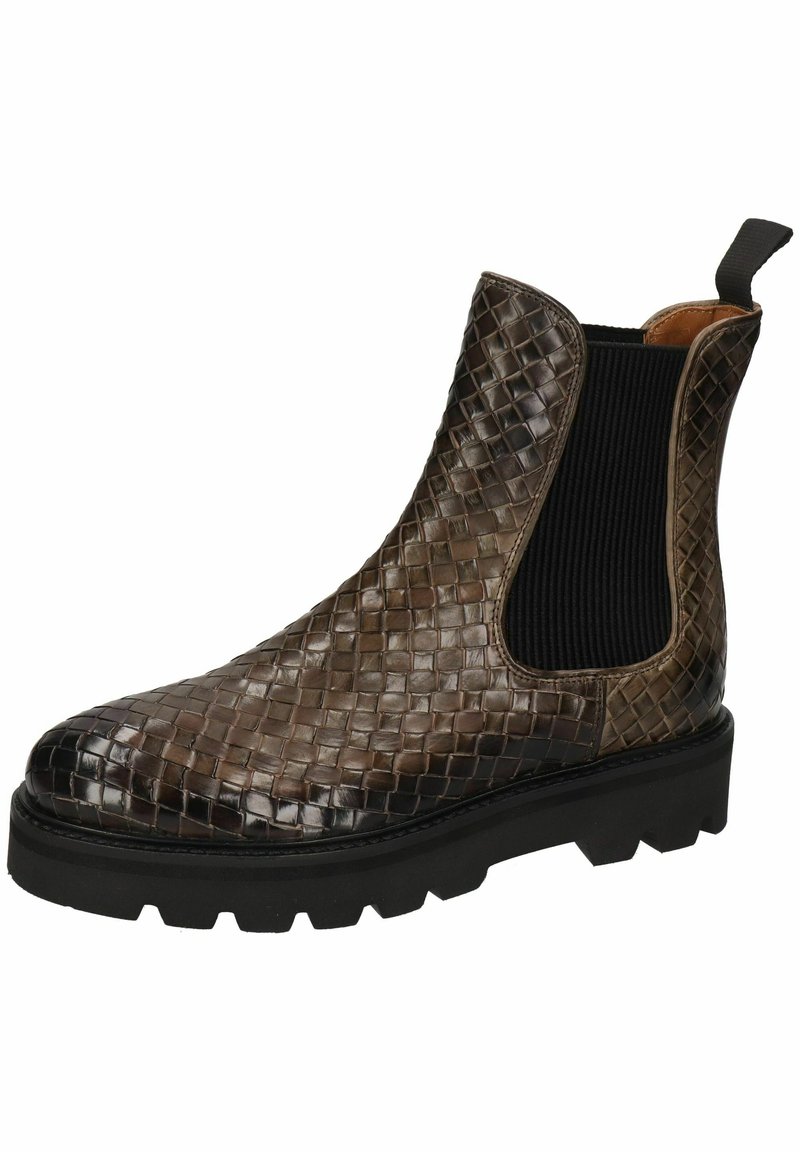 Braune, geflochtene Leder-Ankle-Boots mit schwarzen elastischen Seitenpanelen, runder Zehenpartie und dicker Gummisohle mit Profil für besseren Grip.