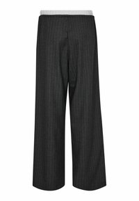 Gray wide-leg trousers with a pinstripe pattern, featuring a white elastic waistband. The fabric appears textured and tailored.