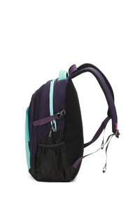 Zaino viola e turchese con tessuto testurizzato, schienale in rete, due scomparti con zip e una tasca laterale. Presenta spallacci regolabili.