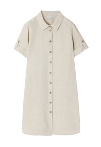 Abito camicia a maniche corte e colletto in lino beige chiaro con chiusura a bottoni e maniche arrotolate, dotato di bottoni tondi.
