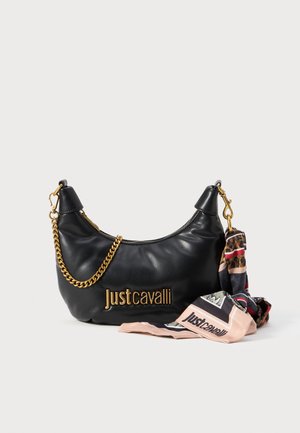 Black leather Just Cavalli shoulder bag with gold chain detail and attached printed scarf featuring brand name accents.