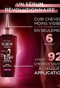 Sérum anti-chute de cheveux L'Oréal Paris Elseve dans une bouteille rouge foncé, avec un applicateur pointu pour plus de précision. Contient 1,5 % d'Aminexil.