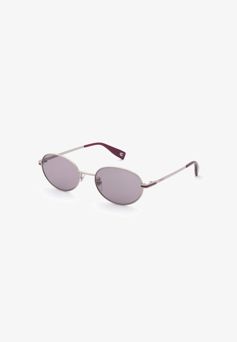 Lunettes de soleil de forme ovale avec fines montures métalliques argentées et verres teintés violets, avec des embouts de branches violets sur fond blanc.