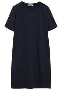 Mörkblå klänning med kort ärm i mjukt, slätt material. Har en rund halsringning och en lös passform, som sträcker sig till mitten av låret.