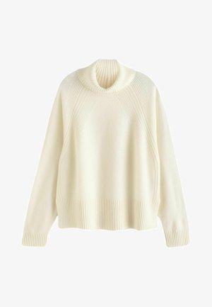 Sweter w kolorze kremowym z prążkowanym golfem, o fakturowanym wzorze oraz prążkowanych mankietach i dolnym wykończeniu. Miękki, lekki materiał.