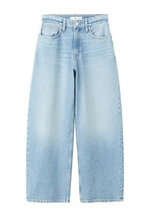 Lichtblauwe wijde spijkerbroek met steekzakken aan de voorkant, lussen voor een riem en knoopsluiting.