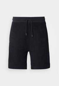 Shorts en éponge noire avec taille élastique, cordon de serrage, poches latérales et logo "BOSS" discret sur la jambe gauche.