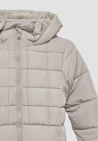 Svijetlosiva zimska jakna s kapuljačom, obložena mekim umjetnim krznom i prednjim zatvaračem na zatvarač.