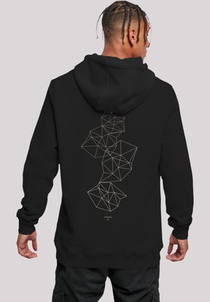 Black hoodie featuring a geometric line design in gold on the back. The material appears soft with a relaxed fit and adjustable hood.