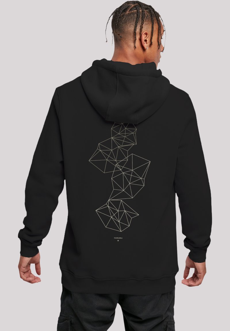 Schwarzer Hoodie mit einem geometrischen Liniendesign in Gold auf der Rückseite. Das Material wirkt weich und hat eine lockere Passform sowie eine verstellbare Kapuze.