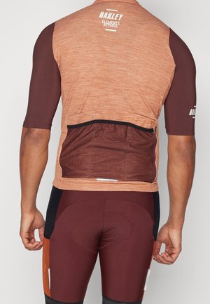 Mężczyzna w brązowo-rdzawym rowerowym trykocie z tylnymi kieszeniami i dopasowanych, wyściełanych szortach rowerowych, widziany od tyłu.