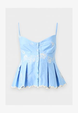 Ανοιχτό μπλε αμάνικο τοπ με κουμπιά, λεπτές τιράντες, floral κέντημα, πλισέ τελείωμα και κυματιστά άκρα.