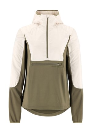 Giacca con cappuccio con parte superiore bianca e parte inferiore verde oliva. Caratterizzata da una mezza cerniera frontale e una tasca frontale con zip. Texture morbida.