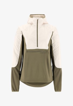 Hættetrøje med hvid øverste del og olivengrøn nederste del. Har en halvlange lynlås foran og en lynlåslomme foran. Blød tekstur.