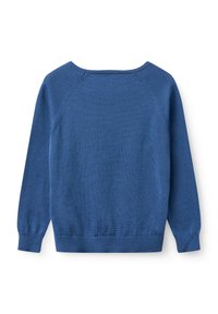Pull bleu à manches longues en maille avec col rond et bords-côtes aux manches et à l’ourlet, posé à plat montrant le dos.