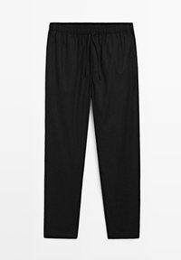 Pantaloni neri con vita elastica e coulisse, taglio slim e gamba dritta, mostrati piatti su uno sfondo bianco.