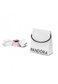 Weißes Geschenktütchen mit schwarzem Kordelgriff, versehen mit dem "PANDORA"-Logo; daneben eine kleine weiß-pinke Schmuckschatulle mit passendem Logo.